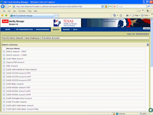 Screenshot of the Select Service page