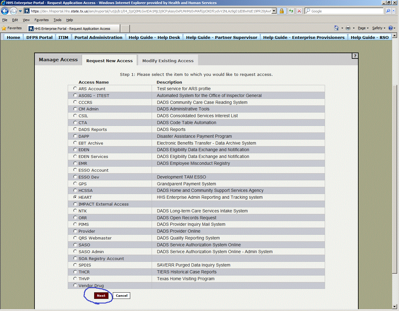 Screenshot of Select Application list box