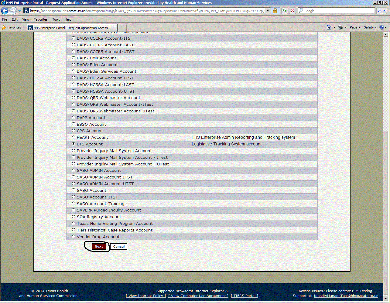 Screenshot of Select Application list box