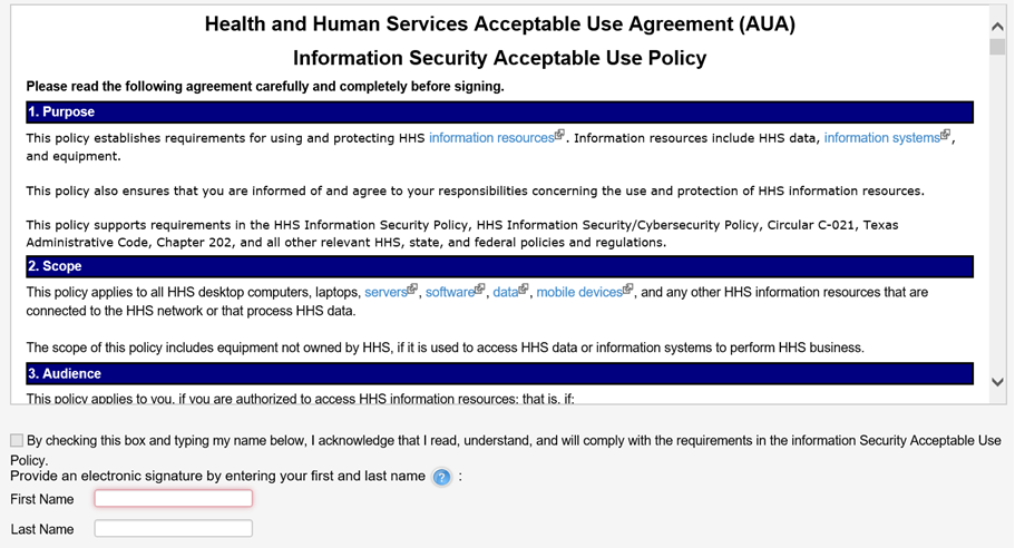 Screenshot ot the HHS Acceptable Use Agreement