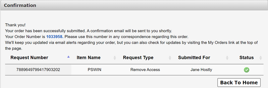 Screenshot of the HHS Enterprise Portal Order Confirmation screen.