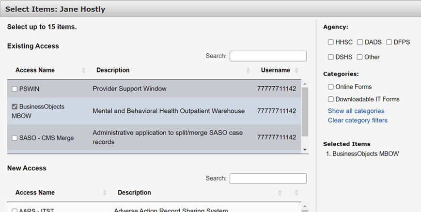 Screenshot of the HHS ENterprise Portal Select Items screen.