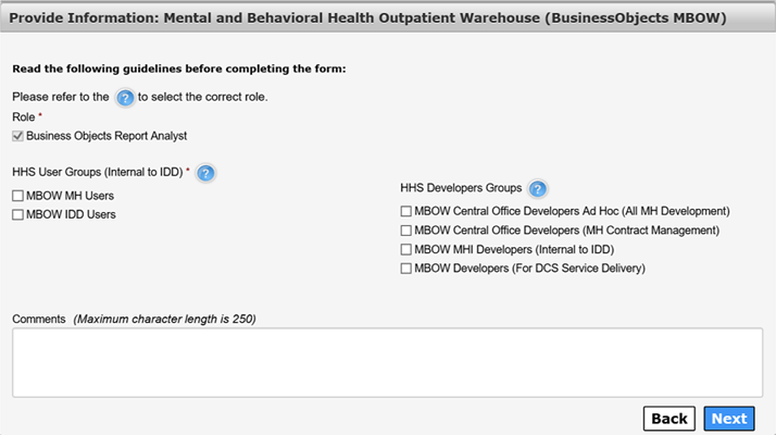 Screenshot of the Provide Information Mental and Behavioral Health Outpatient Warehouse (BusinessObjects MBOW) Screen.