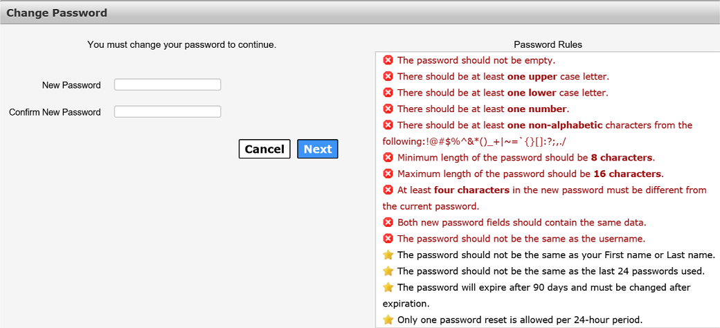 Screenshot of Change Password screen.
