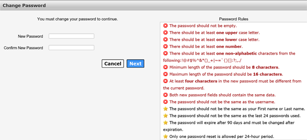 Screenshot of the Change Password screen.