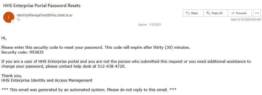 Screenshot of a sample email with a security code.